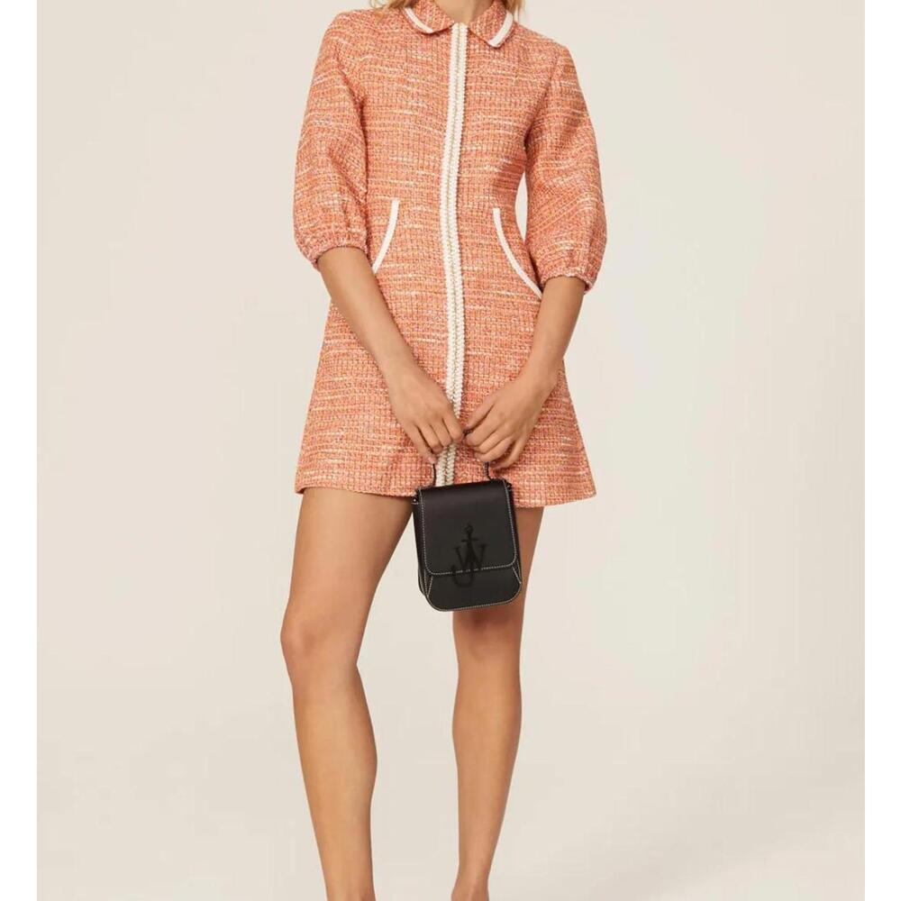 Maje Tweed Rimoda Polo Mini Dress Orange Puff Sleeve 40